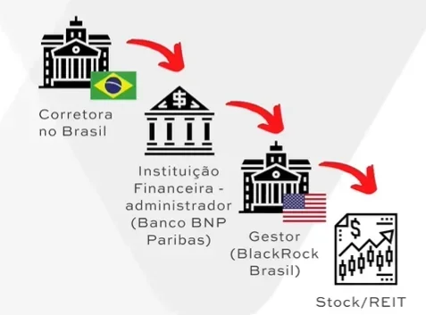 Caminho entre a sua corretora brasileira e o ativo, se você escolhe comprar ações da Pfizer através dos BDRs.